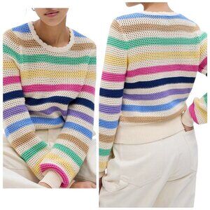 GAP Crochet Striped Crewneck Sweater Multicolor Rainbow Knit XL Cotton